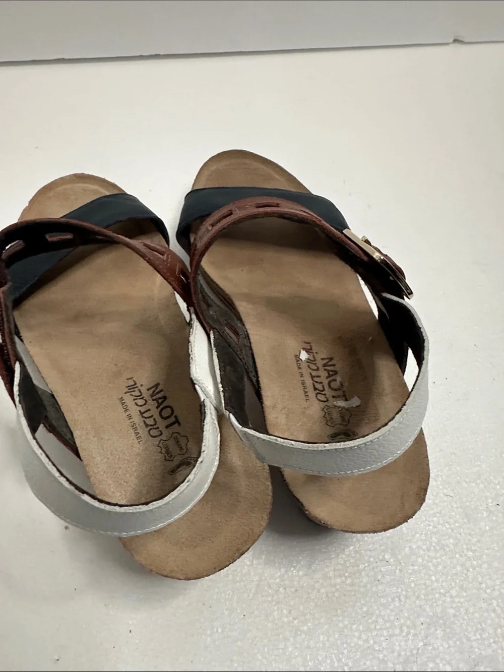 NAOT dynasty wedge Leather Slingback Sandals in Brown and Navy white size 4